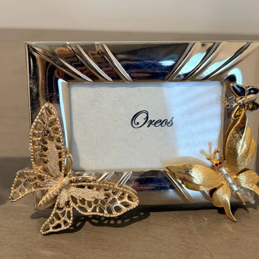 2 up cycled Silver and Gold Picture Frames. Vintage jewelry butterfly flowers